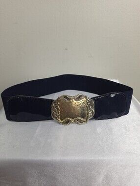Vintage Navy Patent Elastic Belt with Decorative Gold Buckle